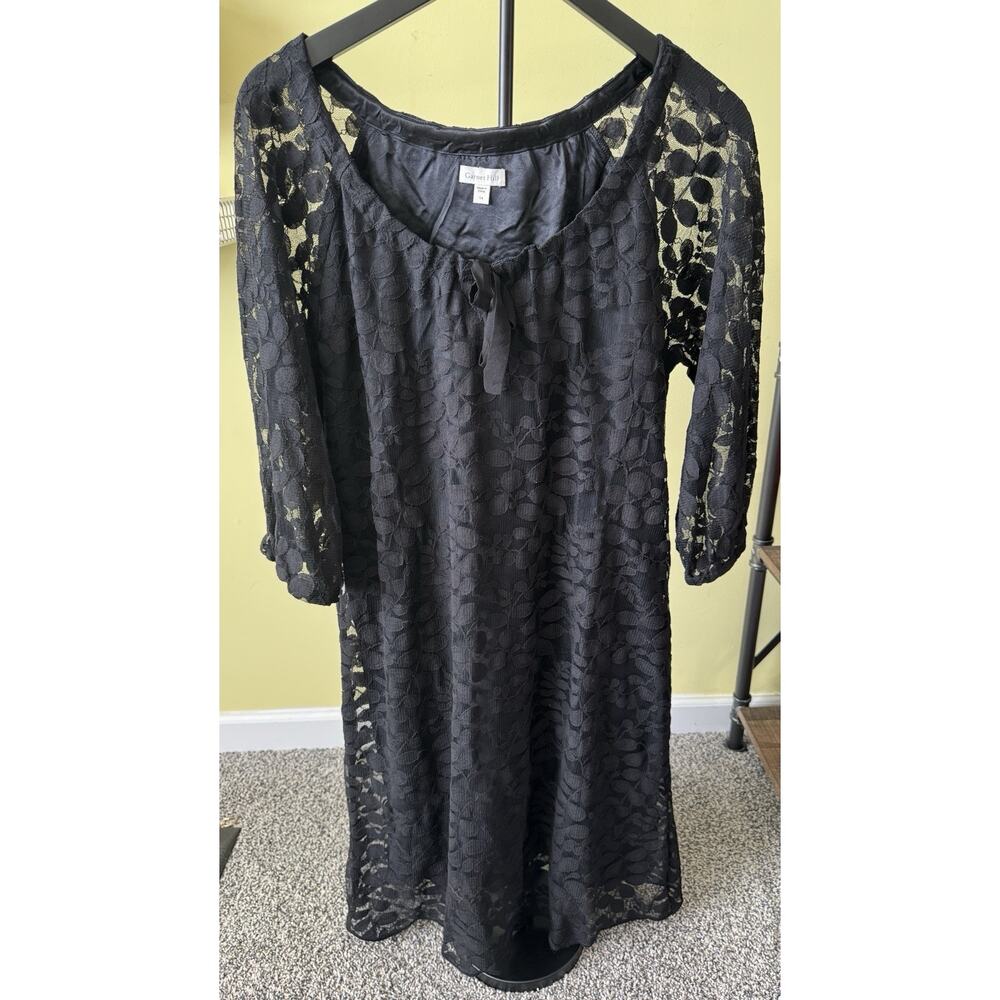 Garnet Hill Black Lace Dress Size 14 Lined 3/4 Sleeve Floral Overlay Elegant EUC